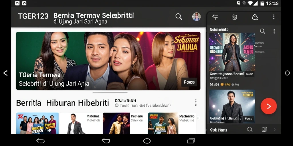 Menampilkan antarmuka aplikasi TGER123 dengan berita selebriti terbaru.
